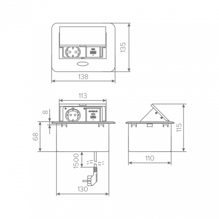Удлинитель AQ PLUG-X H3 горизонтальный 1XSCHUKO, 1XUSB А, 1XUSB C, черный